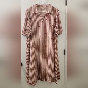 Utsa‎ Striped Red and White Dress, Embroidered, Size Large, Cotton.